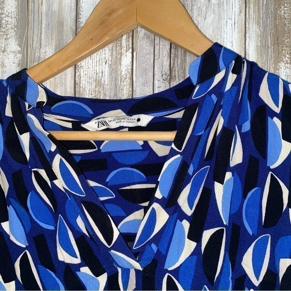 Zara Blue Geometric Print Ruffle Mini Dress Belted V Neck Long Sleeve XS - Picture 6 of 10